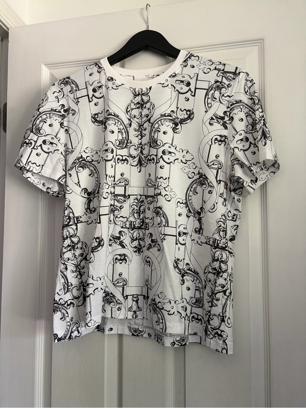 Hermes White T-Shirt with Black Ornamental Print